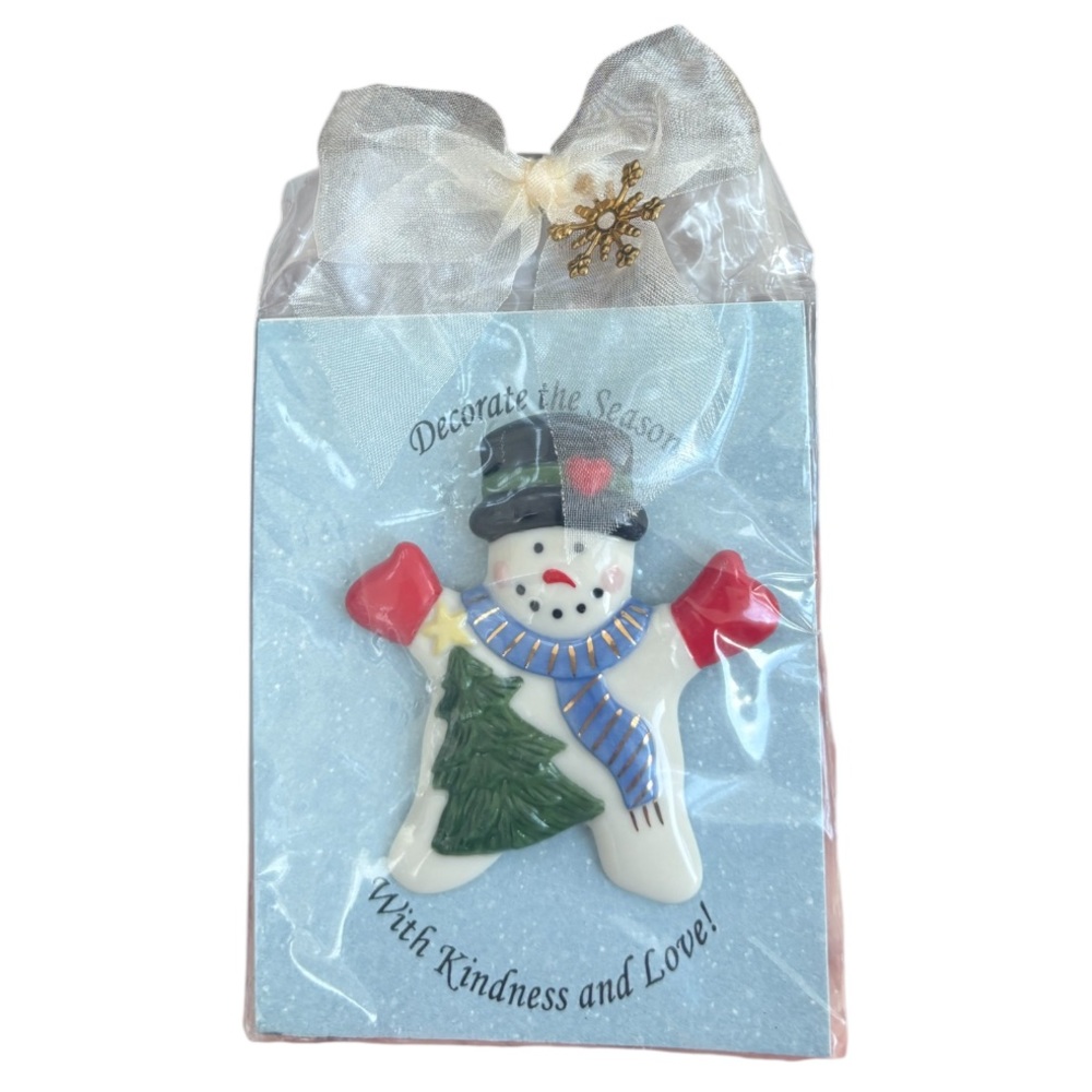 Snowman Christmas Pin 14K Gold Porcelain Handmade Holiday Hand Crafted Jewelry - Picture 7 of 12